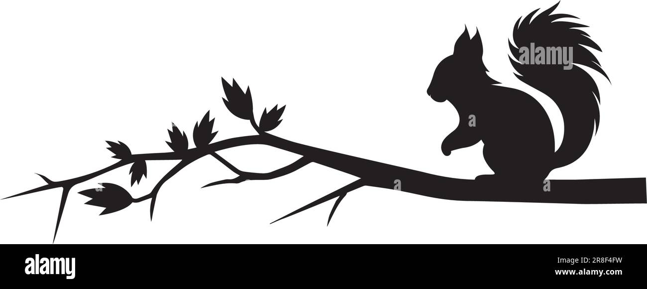 Eichhörnchen-Silhouette auf Ast-Illustration, Vektor. Wandaufkleber, Wandbild, Posterdesign isoliert auf weißem Hintergrund. Minimalistischer Hintergrund Stock Vektor