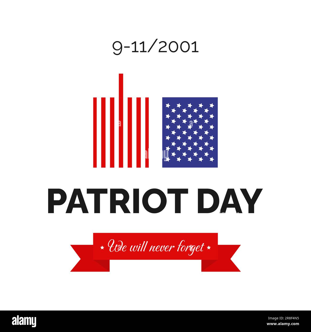 Patriot Day in den USA. 11. September 2001. Das werden wir nie vergessen. Vorlage für Hintergrund, Banner, Karte, Poster mit Texteindruck. Stock Vektor