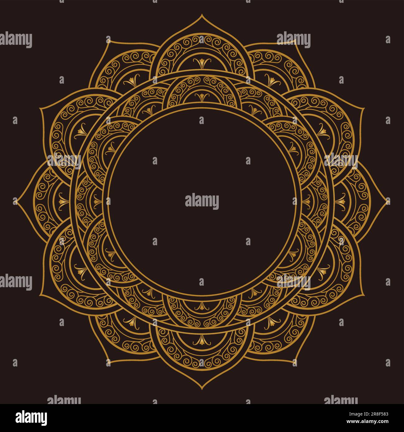 Gold Mandala Ornament Design mit einem Kreis in der Mitte isoliert auf dunklem Hintergrund. Vektordarstellung. Stock Vektor