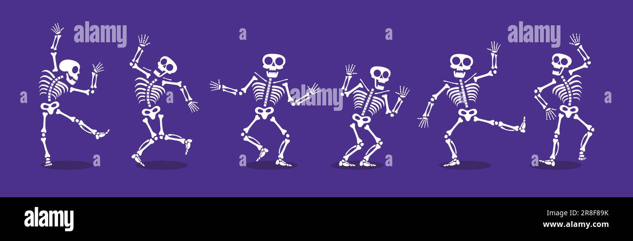 Skelette tanzen mit verschiedenen Positionen flaches Design Vektorbildungs-Set. Lustiger Tanz Halloween oder Day of the Dead Skeletons Sammlung. Stock Vektor