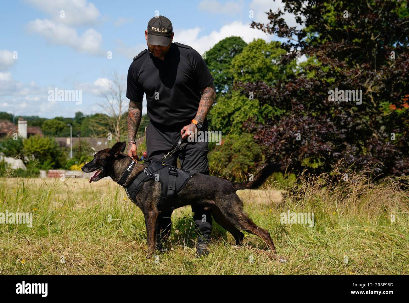 Ein Polizeihund-Betreuer von Wiltshire mit seinem Polizeihund in einer Polizeischule in Chippenham, Wiltshire, trägt eine eigene Schutzpanzerung, um sie vor Gewaltverbrechern zu schützen. Die „Hundeweste“ bietet sowohl ballistischen Schutz als auch Schutz vor mehreren Bedrohungen und ermöglicht gleichzeitig dem Hund eine gute Bewegungsfreiheit. Bilddatum: Mittwoch, 21. Juni 2023. Stockfoto