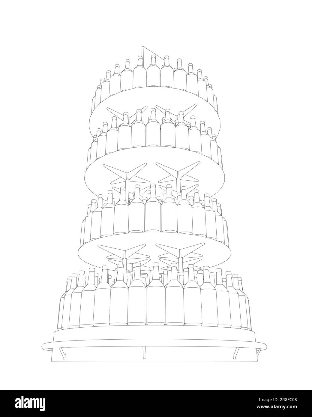 Umriss auf Holzregalen gestapelte Weinflaschen. Vektordarstellung isoliert auf weißem Hintergrund. Vektor des Flaschenracks-Symbols in dünner Linie, auf weißem Hintergrund Stock Vektor