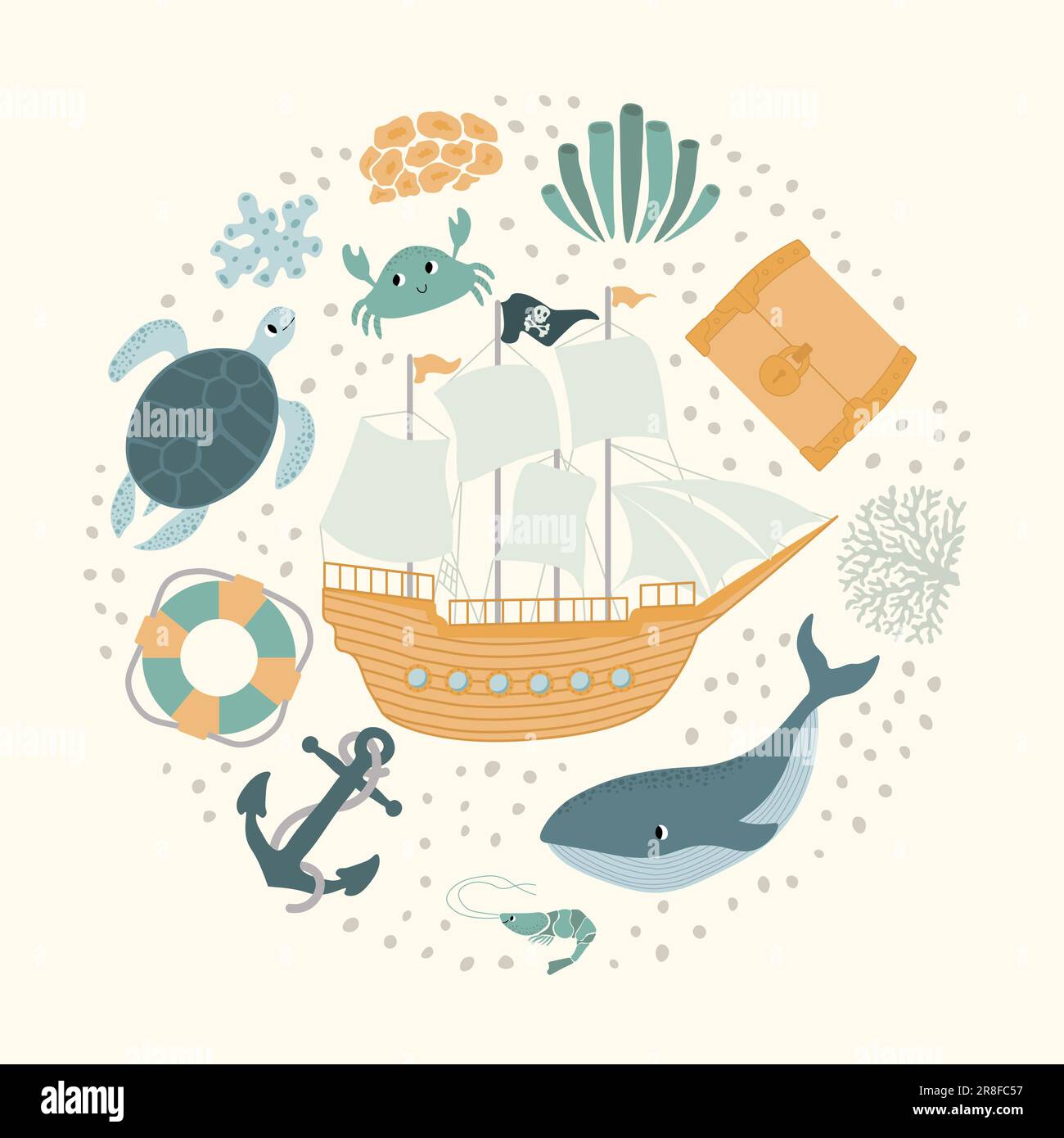 Vektor Ozean Illustration mit Schiff, Wal, Schatztruhe, Schildkröte, Anker, Rettungsschwimmer, Krabben, Garnelen, Korallen. Unterwasser Meerestiere. Ökologie Design für Stock Vektor
