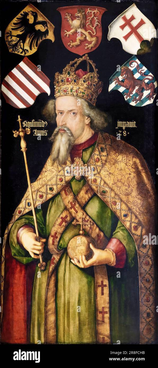 Der Kaiser Sigismund. Sigismund von Luxemburg (1368-1437), König von Ungarn und Kroatien (1387-1437), König von Deutschland (1410-1437), König von Böhmen (1419-1437) und Heiliger römischer Kaiser (1433-1437), Porträtmalerei in Öl auf Holz von Albrecht Durer, 1511-1513 Stockfoto