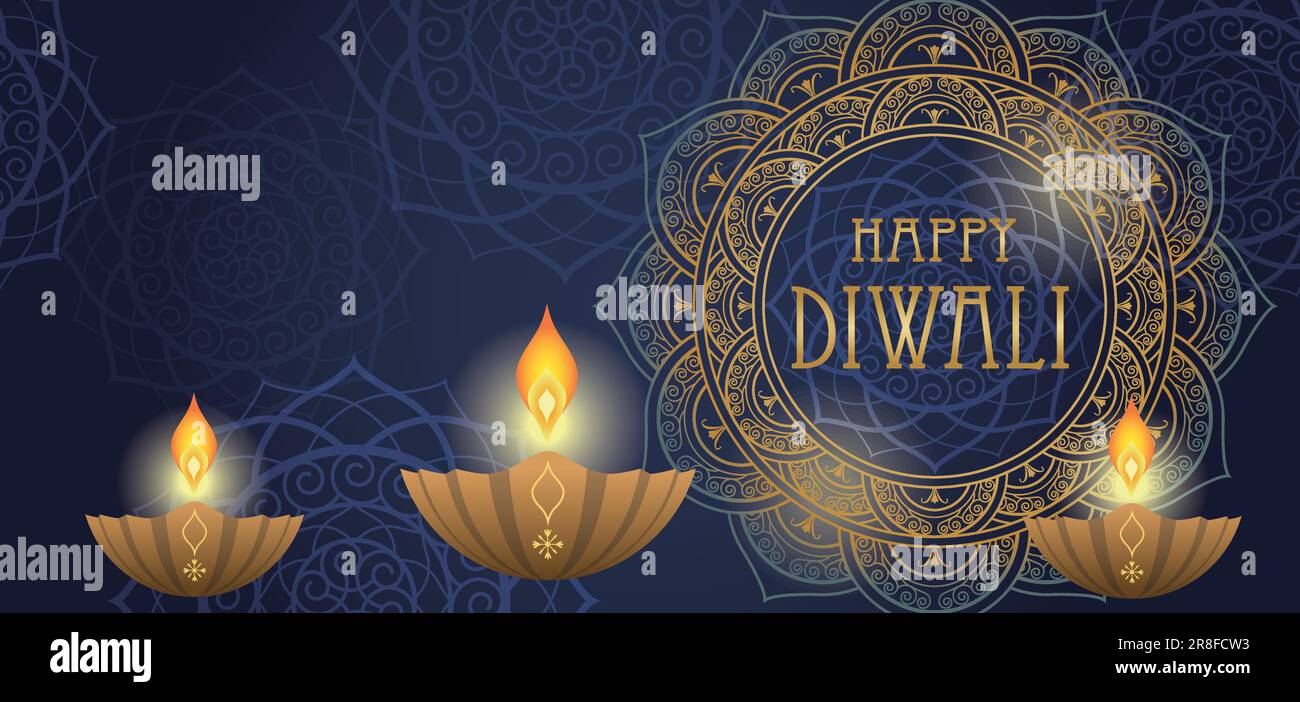 Fröhlicher Diwali-Hintergrund Mit Votivkerzen, Mandalamustern Und Textbereich. Vektordarstellung. Horizontal Wiederholbar. Stock Vektor