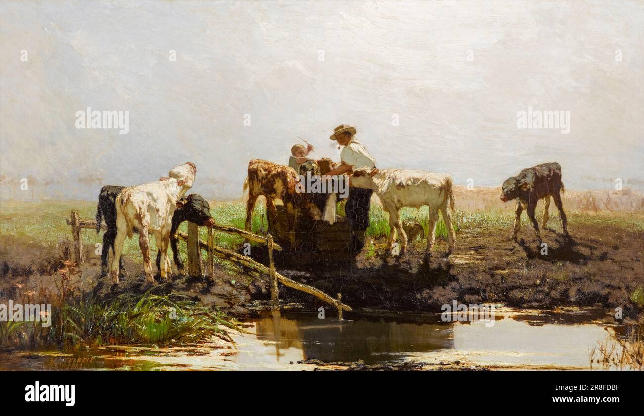 Willem Maris, Kälber in einem Trog, Ölgemälde auf Leinwand, 1863 Stockfoto