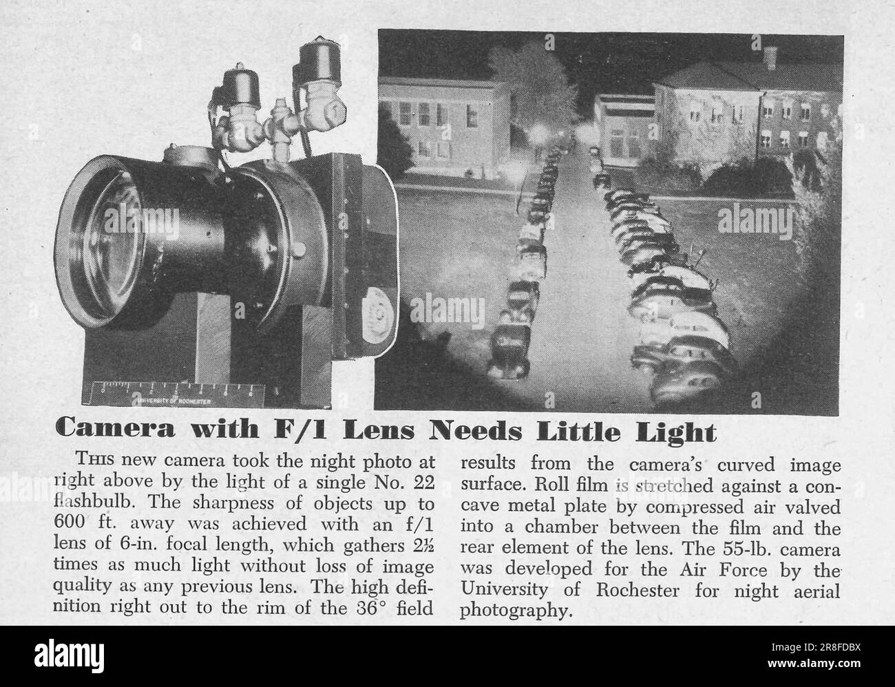 Erfindungen: Kamera mit F/1-Objektiv benötigt wenig Licht. Artikel über Erfindungen in Fotokameras im Magazin Popular Science, USA, Februar 1949 Stockfoto