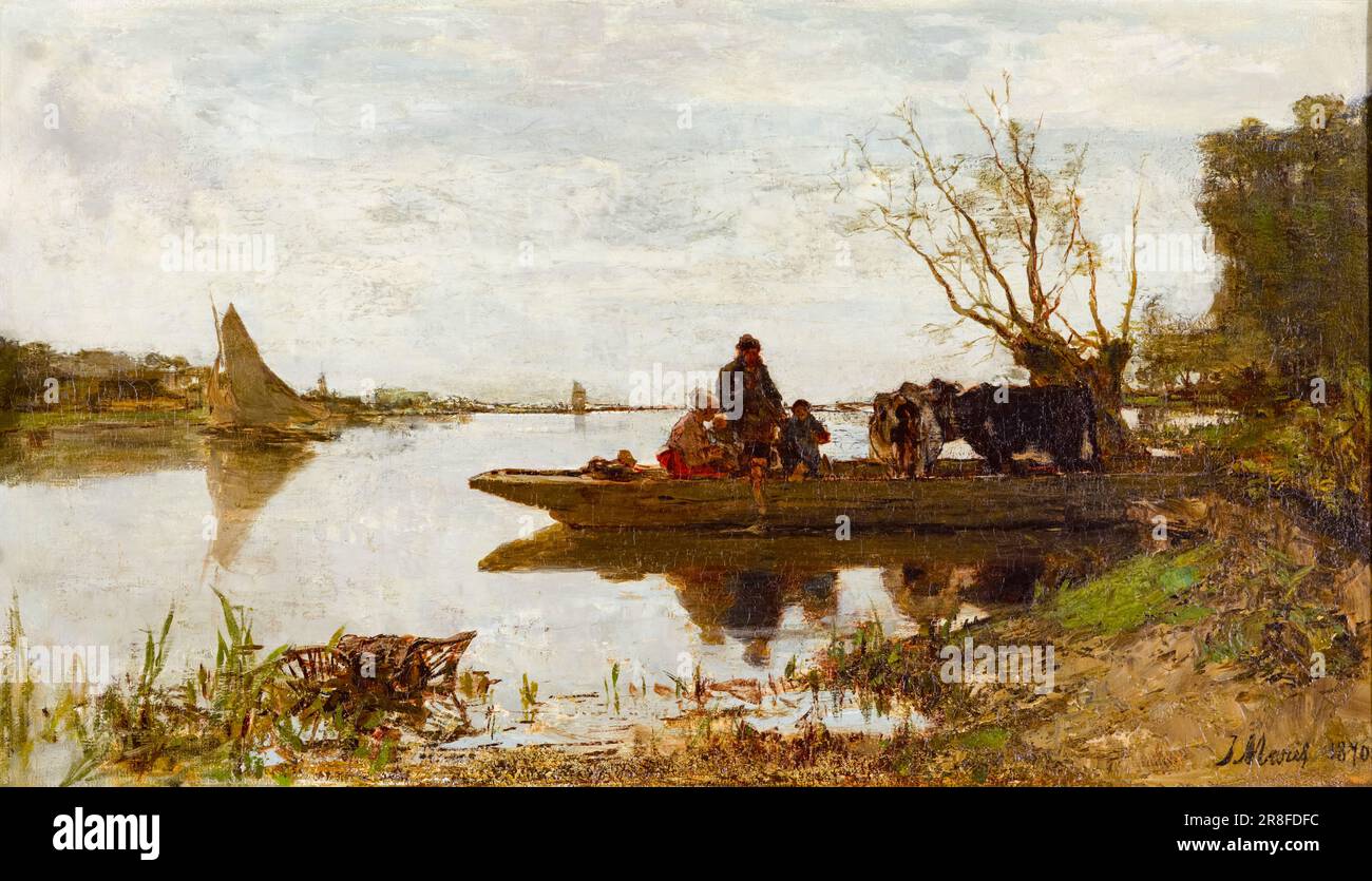 Jacob Maris, Fähre, Landschaftsmalerei in Öl auf Leinwand, 1870 Stockfoto