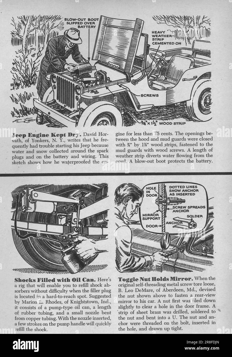 Erfindungen: Trockener Jeep-Motor; mit Ölkanister gefüllte Stoßdämpfer; Kippmutter hält Spiegel. Popular Science Magazine, USA, Februar 1949 Stockfoto