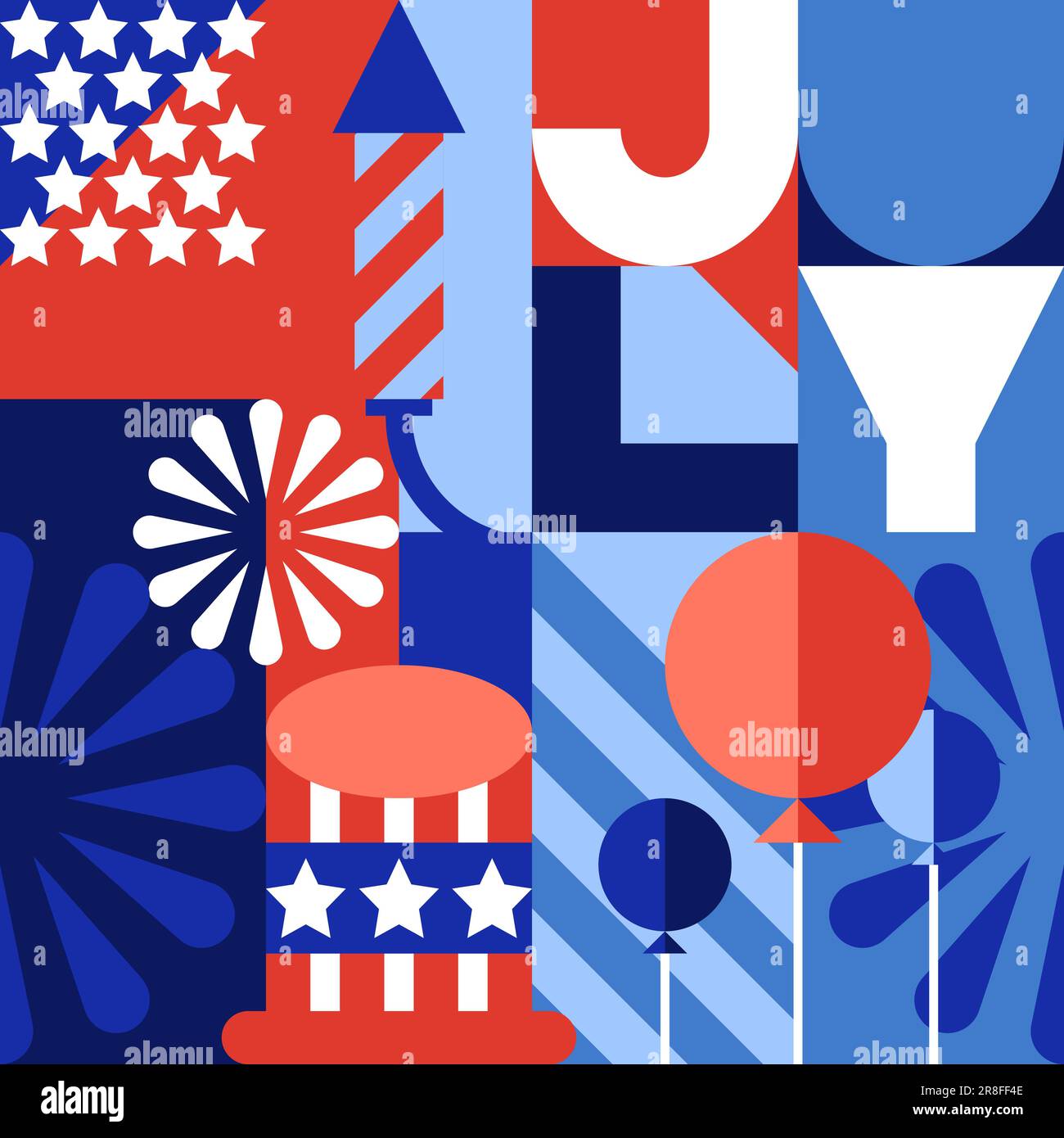 USA Feiertag 4. Juli geometrische Buchstaben, farbiges Blockmuster. Farben und Symbole der amerikanischen Flagge, der Unabhängigkeitstag. Vektordruck, nahtlos Stock Vektor