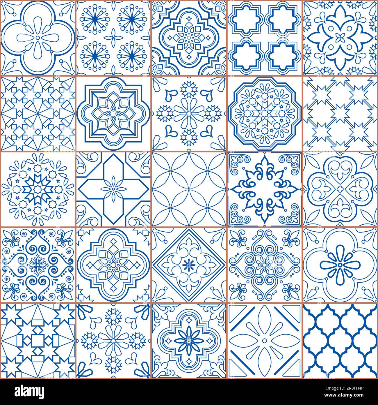 Asulejo-Fliesen nahtloses Vektormuster-Set - traditionelle Liniendesign-Kollektion inspiriert von portugiesischen und spanischen Ornamenten in Marineblau Stock Vektor