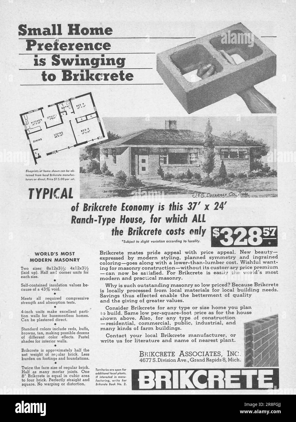 Brikcrete Michigan, Brikcrete-Werbeanzeige in einem Magazin 1949 Stockfoto
