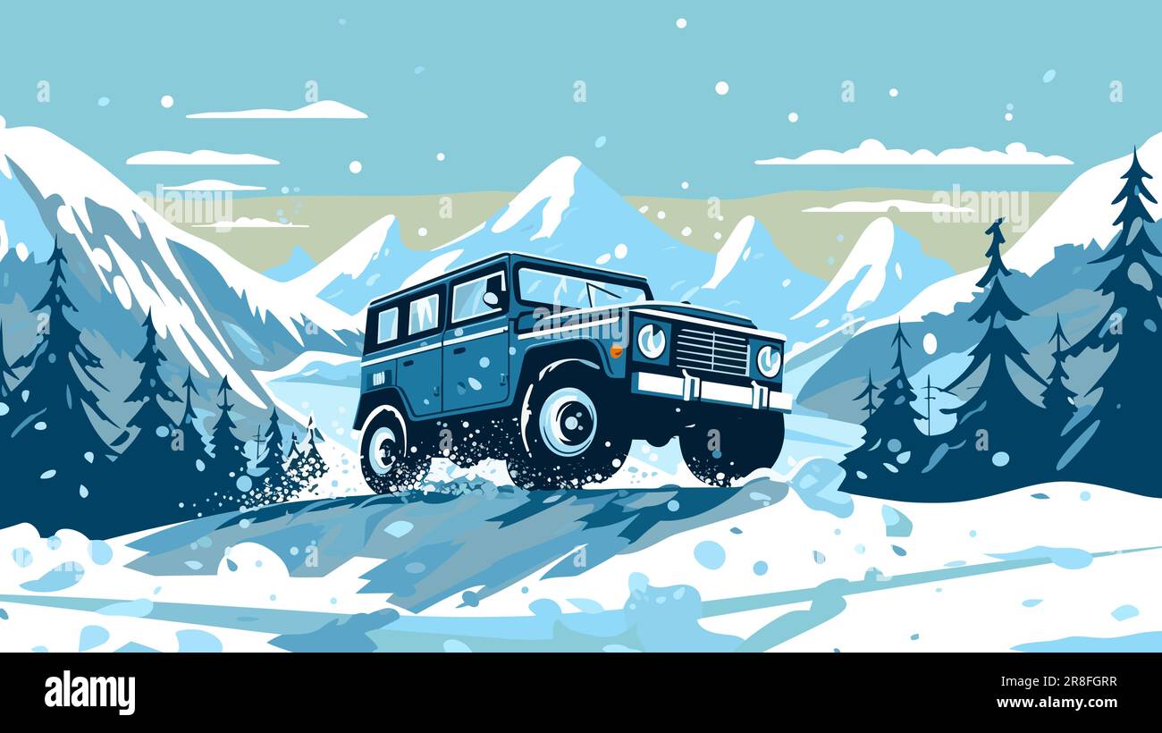 Off-Road-SUV-Fahrt im Schnee im Winterlandschaft. 4x4-Fahrzeug-Abenteuer horizontale Banner Vektordarstellung. Stock Vektor