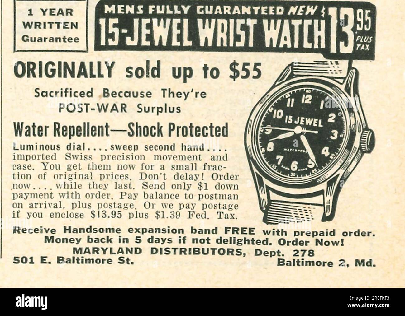 Armbanduhr mit 15 Schmucksteinen - Nachkriegsüberschuss - wasserabweisend, mit Sahock geschützte Werbung für Maryland-Distributoren in einer Zeitschrift 1949 Stockfoto