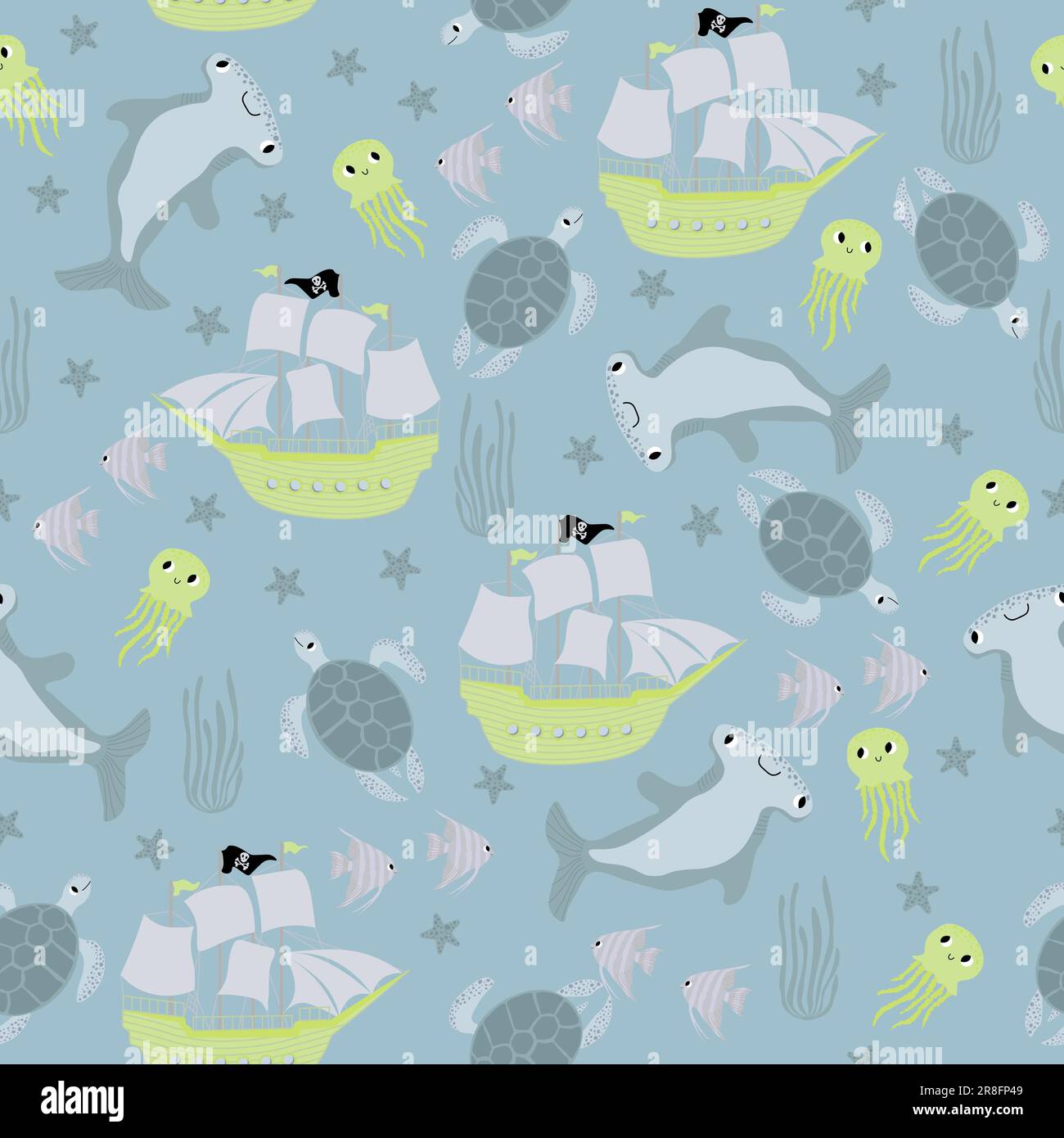 Vektormuster mit Hammerhain, Schildkröte, Seesternen, Quallen. Unterwasser-Cartoon-Kreaturen. Meereshintergrund. Süßes Meeresmuster für Stock Vektor