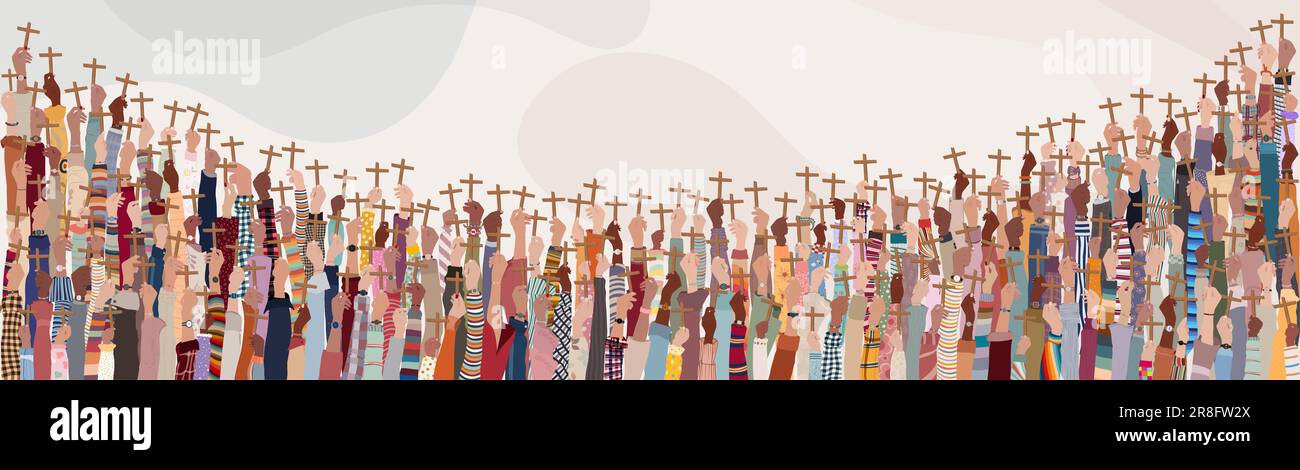 Gruppe multikultureller christen, die Hände hoch halten mit einem hölzernen Kruzifix. Christliche Verehrung. Beten oder singen. Konzept des Glaubens und der Hoffnung in Jesus Stockfoto