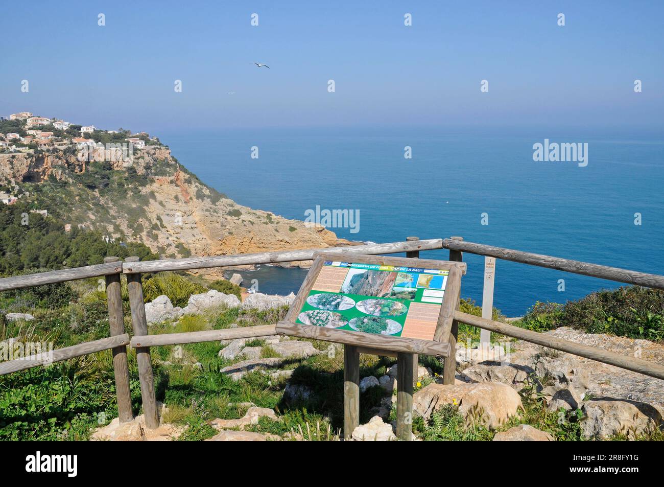 Aussichtspunkt, Schild, Cabo de la Nao, Provinz Alicante, Costa Blanca, Spanien, Kap Stockfoto