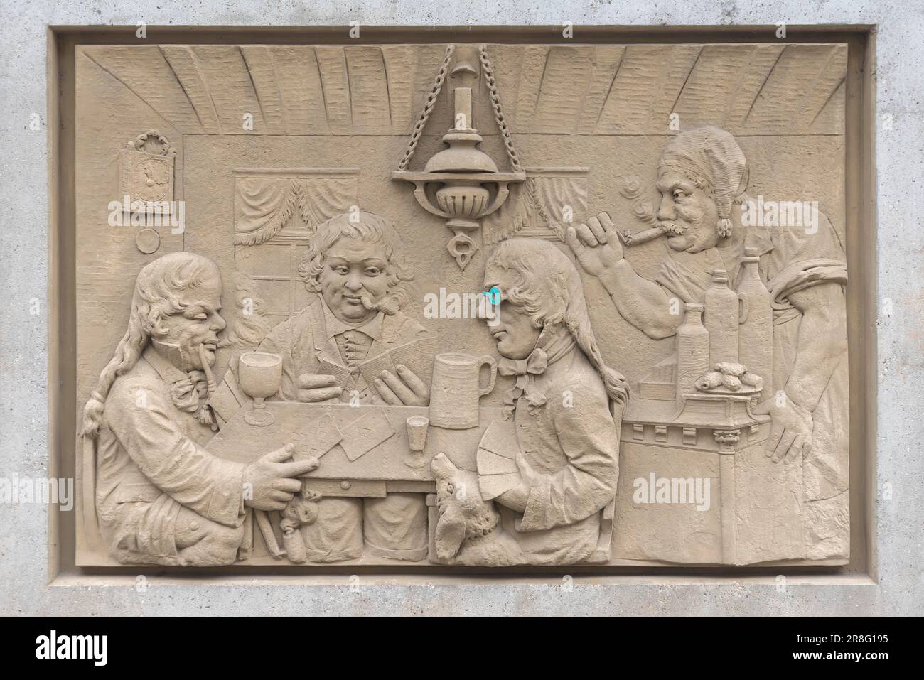 Sandstein Relief, The Good Old Days, c. 1912, Altstadt, Rheinstraße, Koblenz, Rheiunland-Pfalz, Deutschland Stockfoto
