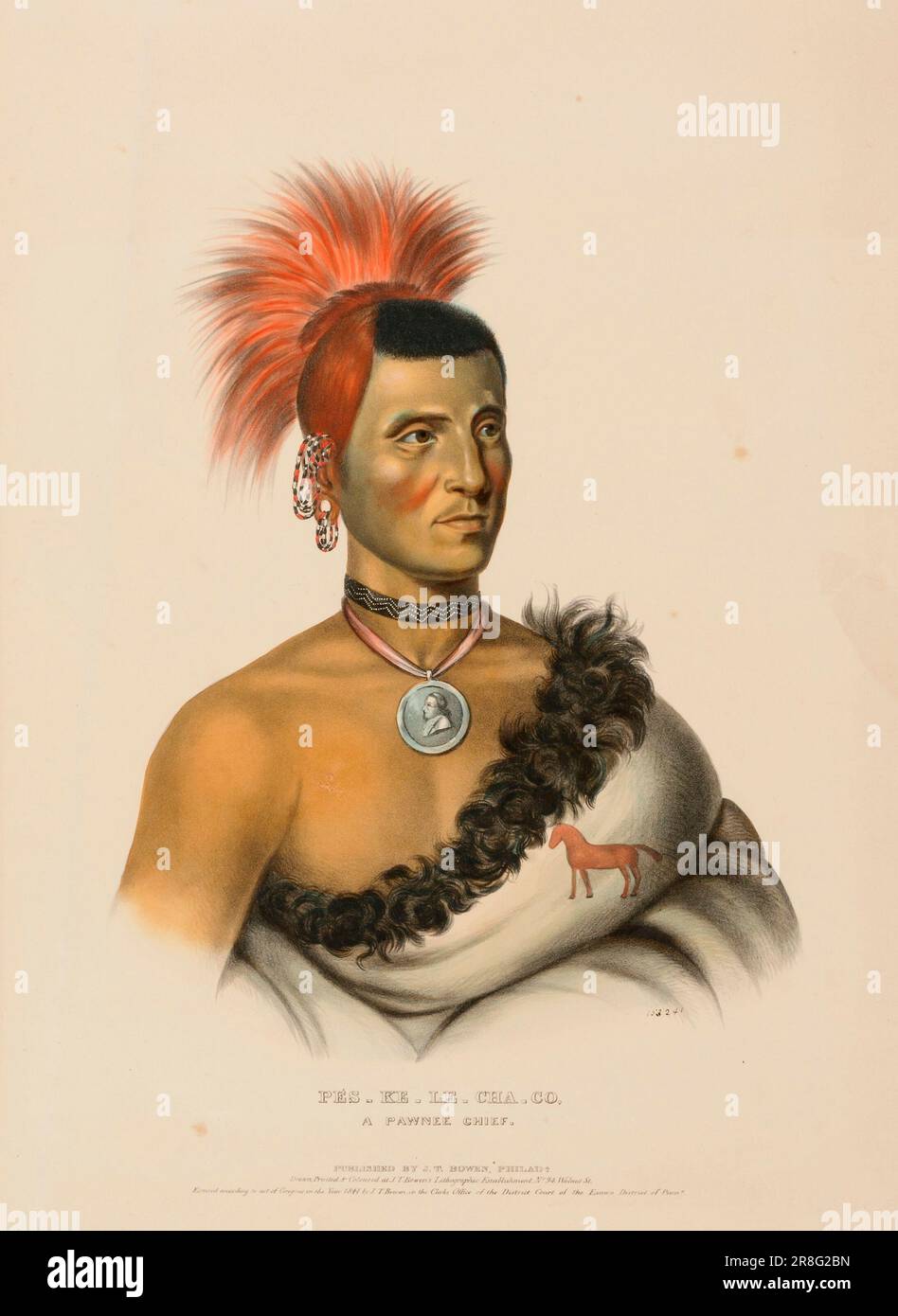 PES-KE-LE-CHA-CO, EIN PAWNEE-HÄUPTLING, aus der Geschichte der Indianerstämme Nordamerikas. 1841 von McKenney und Hall, 1836-1844 Stockfoto