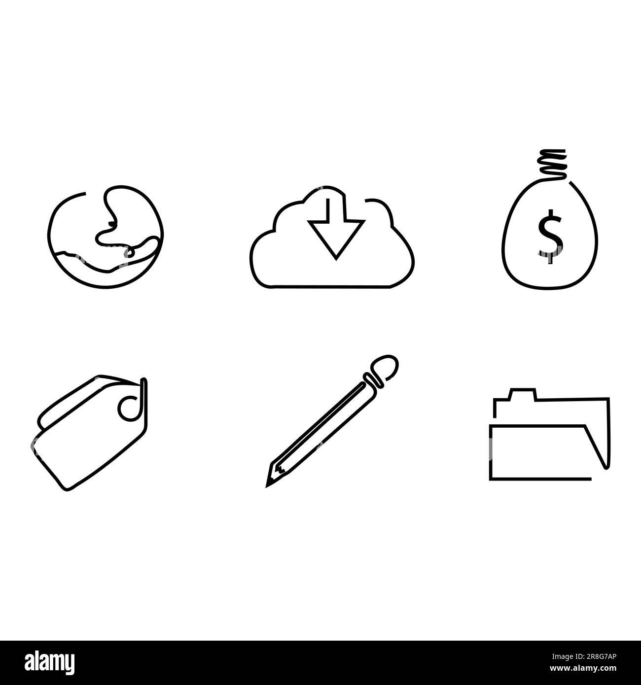 Icon Erde rund Globus Cloud Download Geldbeutel Finanzen Rabatt Tag Shop Bleistift Schreibgeräte und Ordner Dokumentendatei Stock Vektor