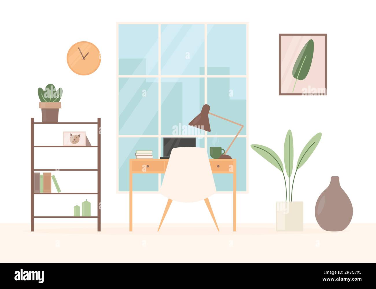 Süßes Home Office mit Arbeitsplatz vor dem Fenster mit Blick auf die Stadt. Moderne Innenausstattung in flachem Vektorstil. Stock Vektor