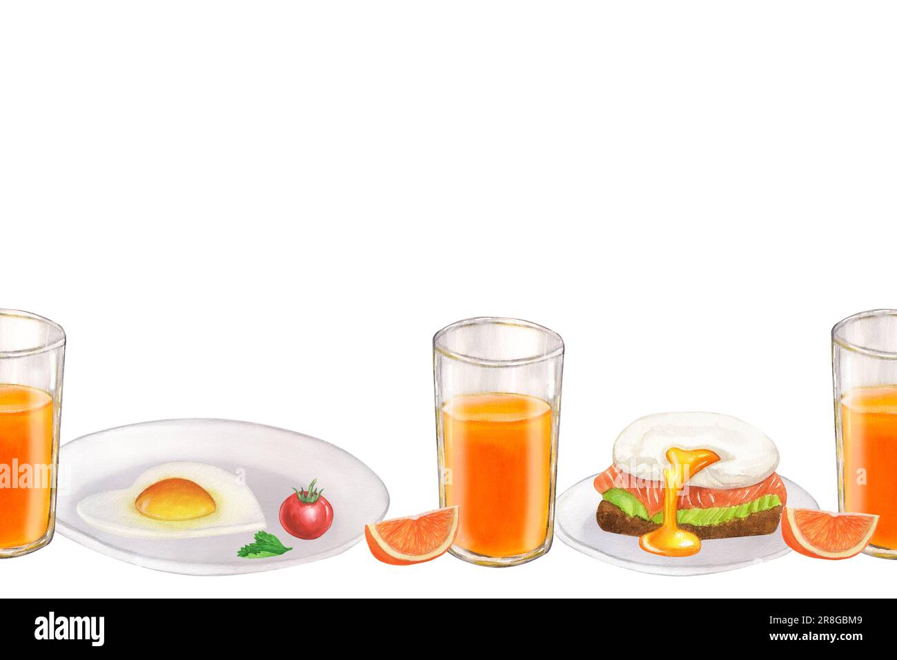 Banner Nahtloses Border Breakfast Food Collection, Morgenmahlzeiten Eier, Saft, Orangen, Tomaten. Handgezeichnete Aquarelldarstellung isoliert auf weißem Rücken Stockfoto
