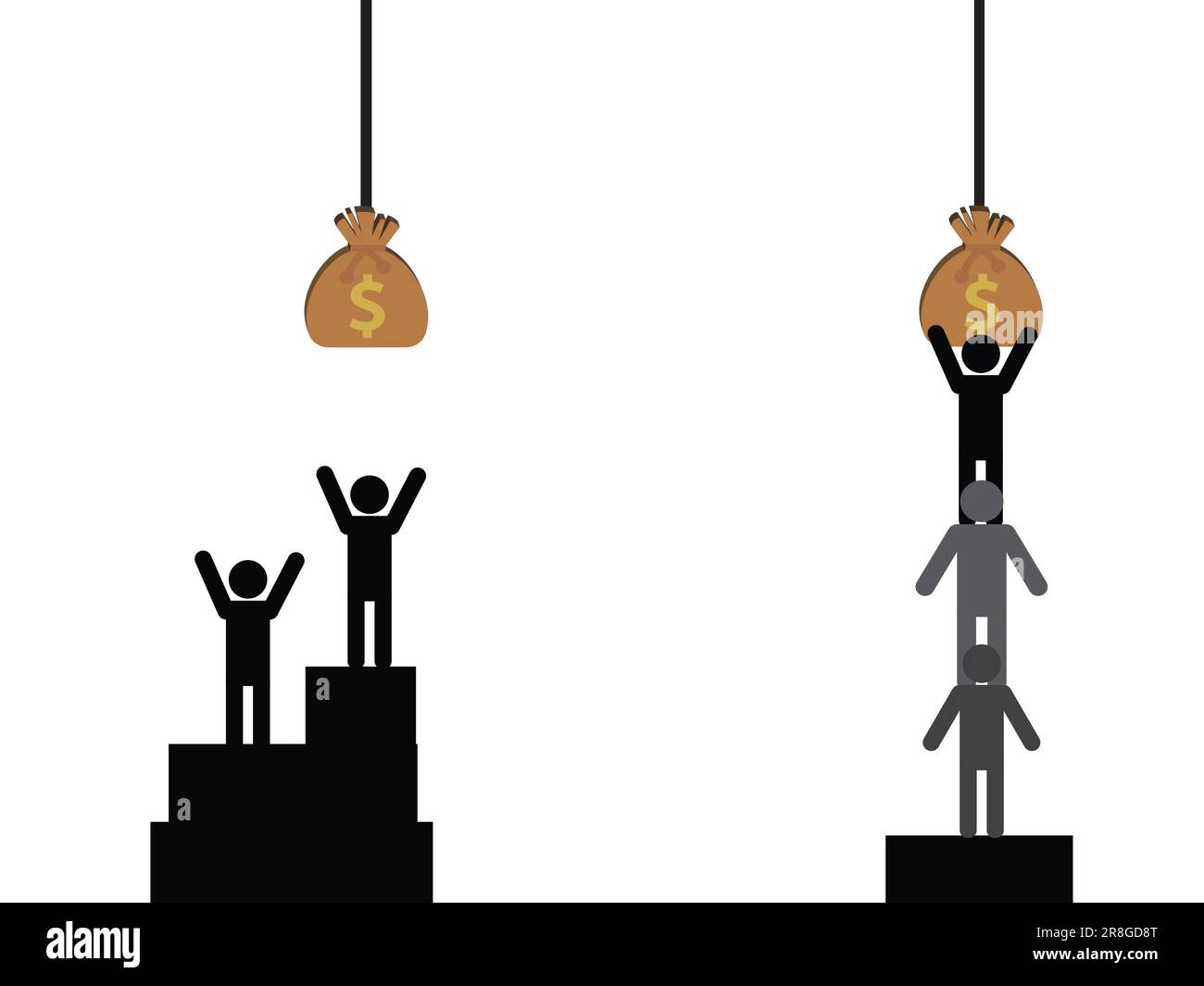 Silhouetten von Menschen, die miteinander konkurrieren oder zusammenarbeiten, um einen Sack mit dem Dollarsymbol darauf zu bekommen Stock Vektor