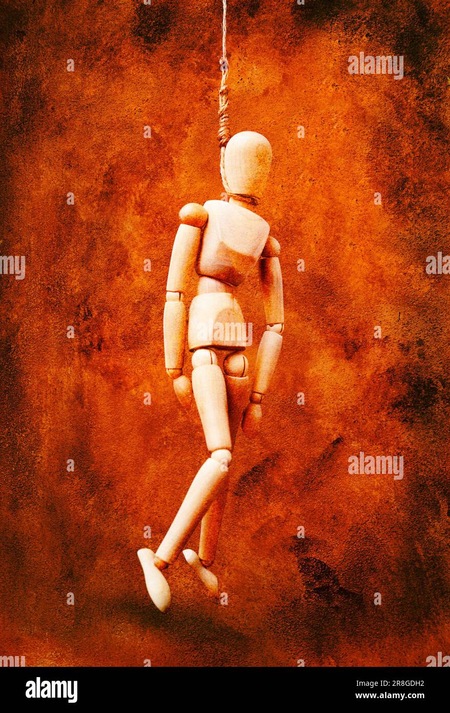Holzmarionette aufhängen Stockfoto