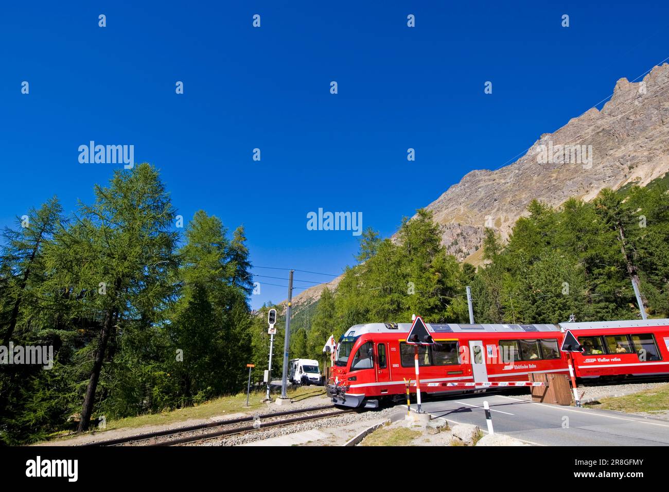 Bernina-express-Zug, Bernina pass, Schweiz Stockfoto
