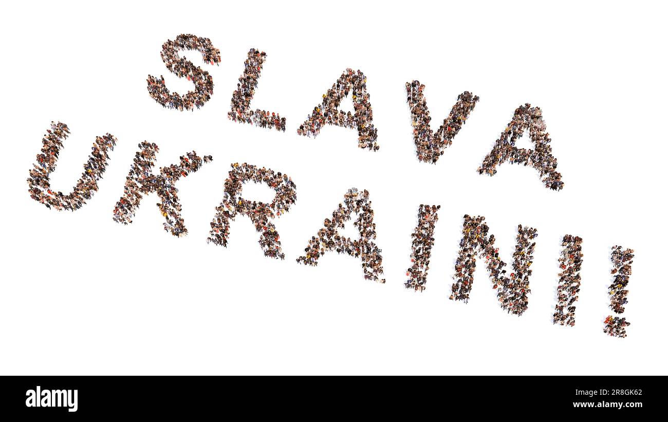 Konzept oder konzeptionelle große Gemeinschaft von Menschen, die SLAVA UKRAINI-Botschaft bilden. 3D-Illustrationsmetapher für Patriotismus, Entschlossenheit, Motivation Stockfoto