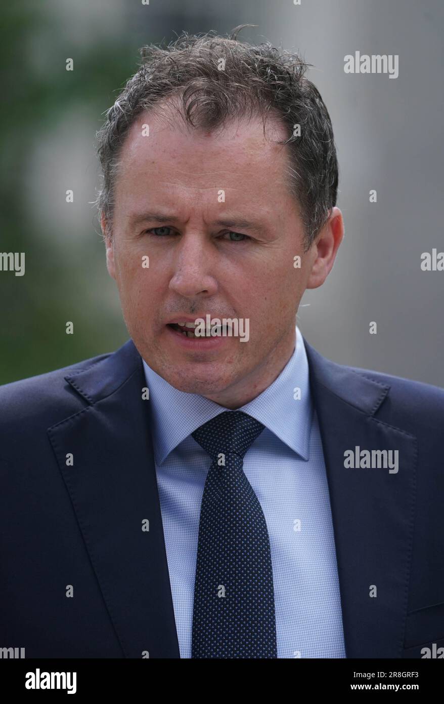 Landwirtschaftsminister Charlie McConalogue auf einer Pressekonferenz in Regierungsgebäuden in Dublin, um Pläne zur Erhöhung der Zahl der Hochschulplätze in den Bereichen Veterinärmedizin und Gesundheitswesen zu skizzieren. Bilddatum: Mittwoch, 21. Juni 2023. Sehen Sie Pa Story IRISH HigherEducation. Stockfoto