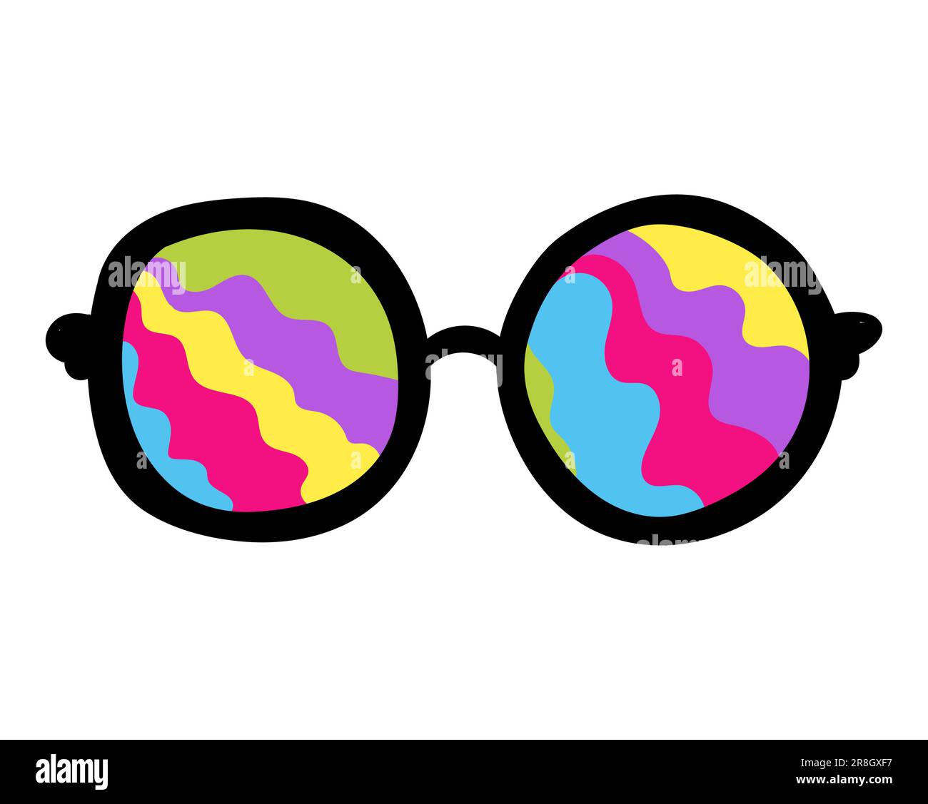 Farbige Doodle-Sonnenbrille im 1970-Stil. Tolle Hippie-Ästhetik mit Regenbogen. Vektordarstellung isoliert auf weißem Hintergrund Stock Vektor