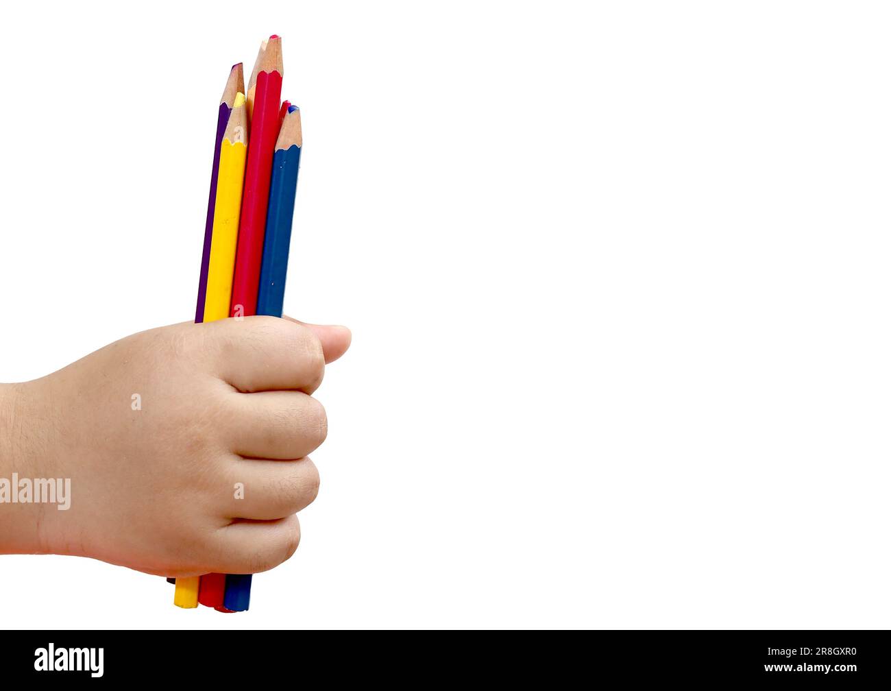 Handhaltestifte für Kinder, Farbe auf weißem Hintergrund Stockfoto