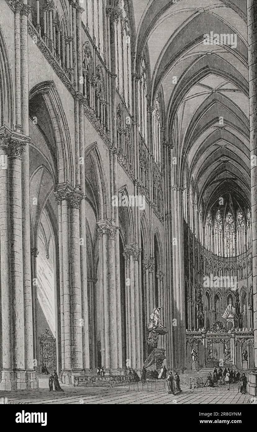 Amiens, Frankreich. Kathedrale. Innenansicht des Tempels. Gravur von Huyot. "Les Arts au Moyen Age et a l'Epoque de la Renaissance" von Paul Lacroix. Paris, 1877. Autor: Jules Huyot. Französische Graviererin. Stockfoto