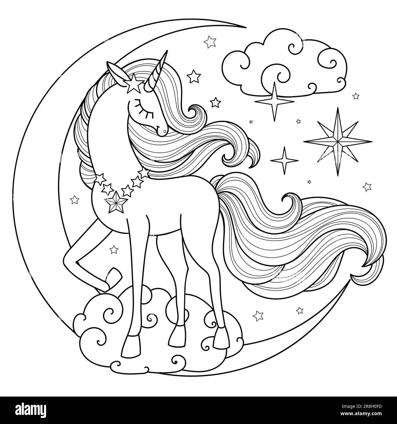 Ein wunderschönes Einhorn mit langer Mähne und Schwanz auf dem Mond. Schwarzweiß-Linearzeichnung. Für die Gestaltung von Malbüchern, Drucken, Postern, c Stock Vektor