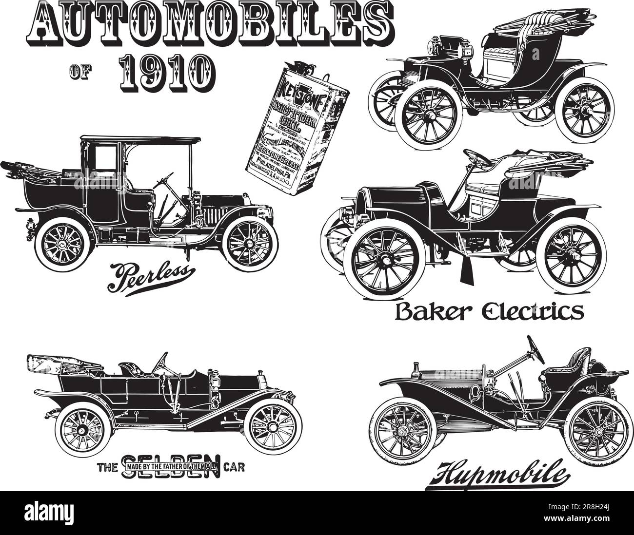 Schwarz-weiße Strichzeichnung einiger Beispiele aus den Anfängen der automoviles. Stock Vektor