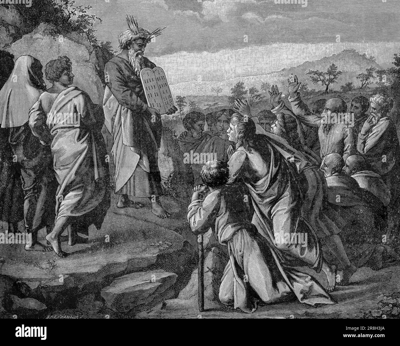 Moses zeigt dem Volk die Tafeln aus Stein des Gesetzes, zweites Buch Mose, Kapitel 34, Vers 4-35, Altes Testament, Bibel, Historische Abbildung 1890 Stockfoto