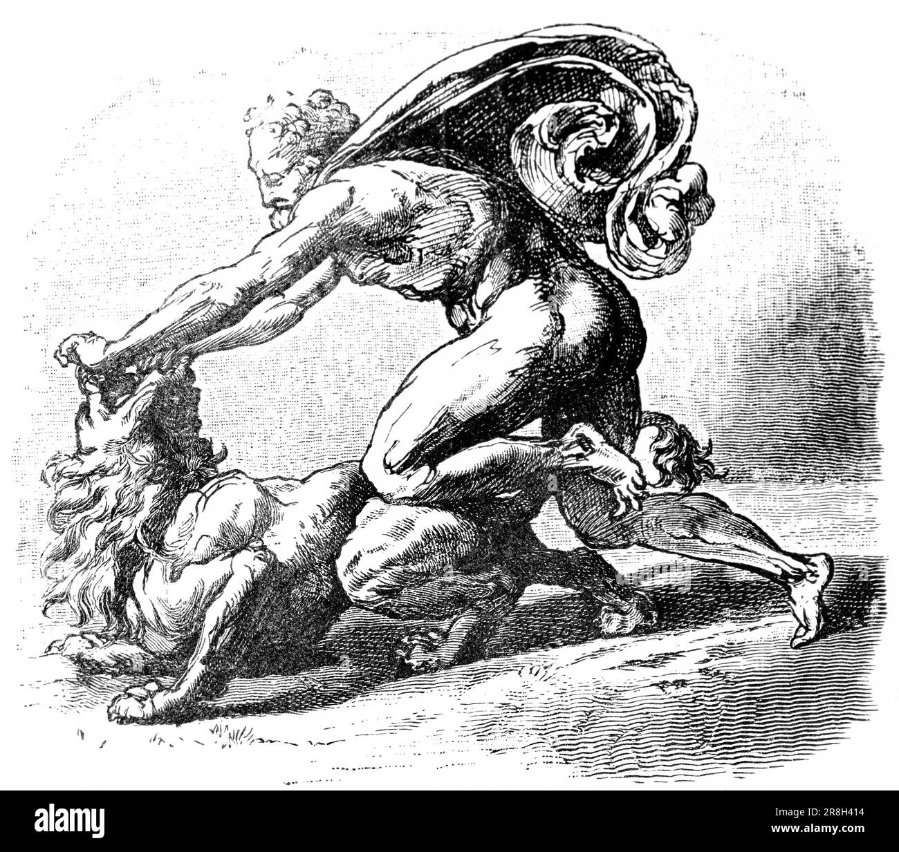 Simson zerreißt einen jungen Löwen, erstes Buch des Richters, Kapitel 14, Vers 1, Altes Testament, Bibel, Historische Abbildung 1890 Stockfoto