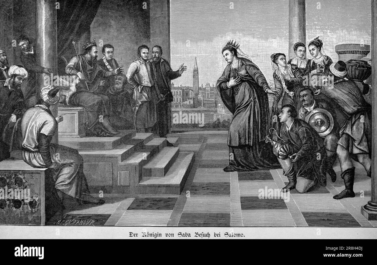 Die Königin von Scheba besucht Salomon, die Königin von Saba Besuch bei Salomo, erstes Buch der Könige, Altes Testament, Bibel, historische Illustration 1890 Stockfoto