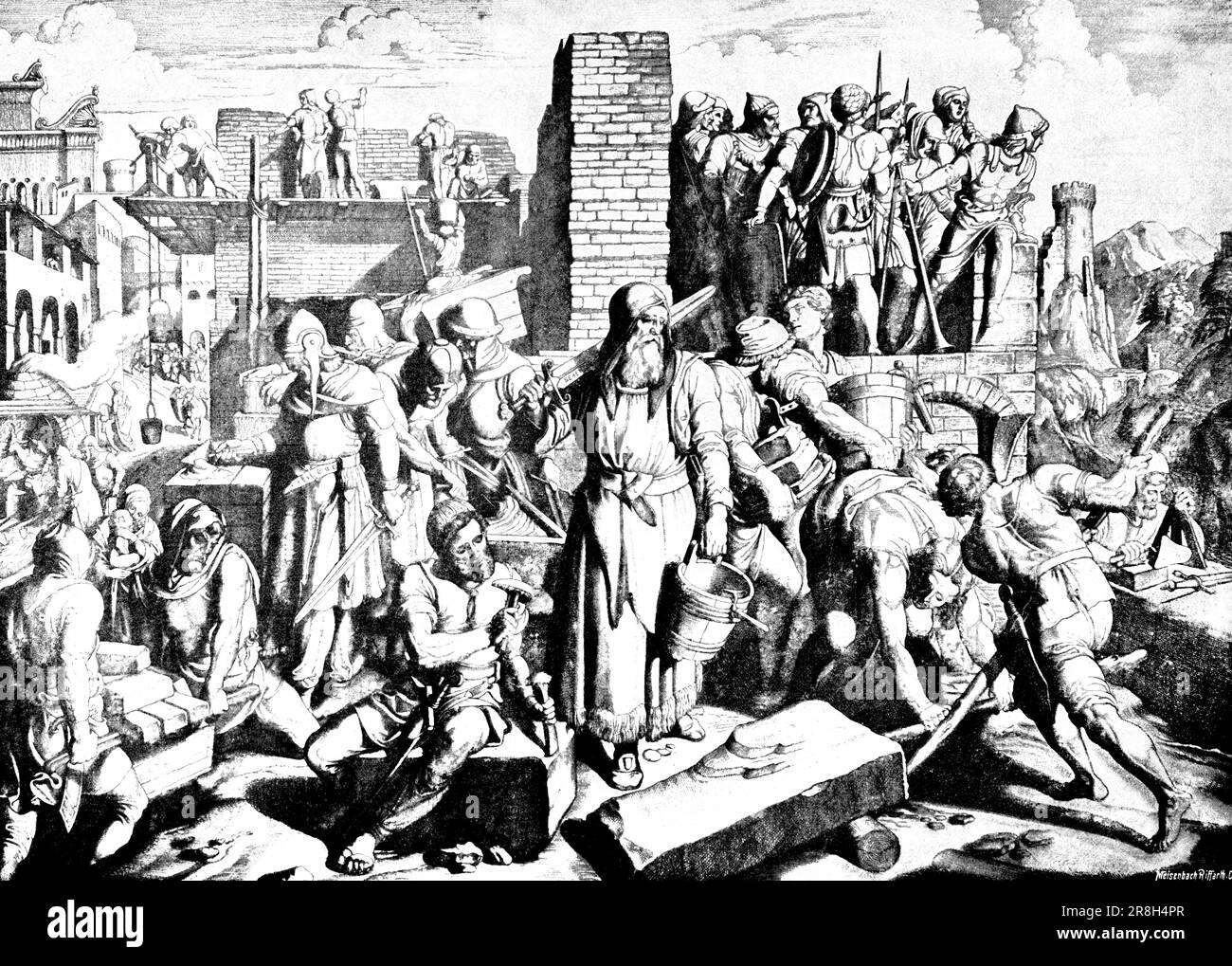 Die zurückkehrten Juden beim Wiederaufbau von Jerusalem, dem Alten Testament, der Bibel, der historischen Illustration 1890 Stockfoto