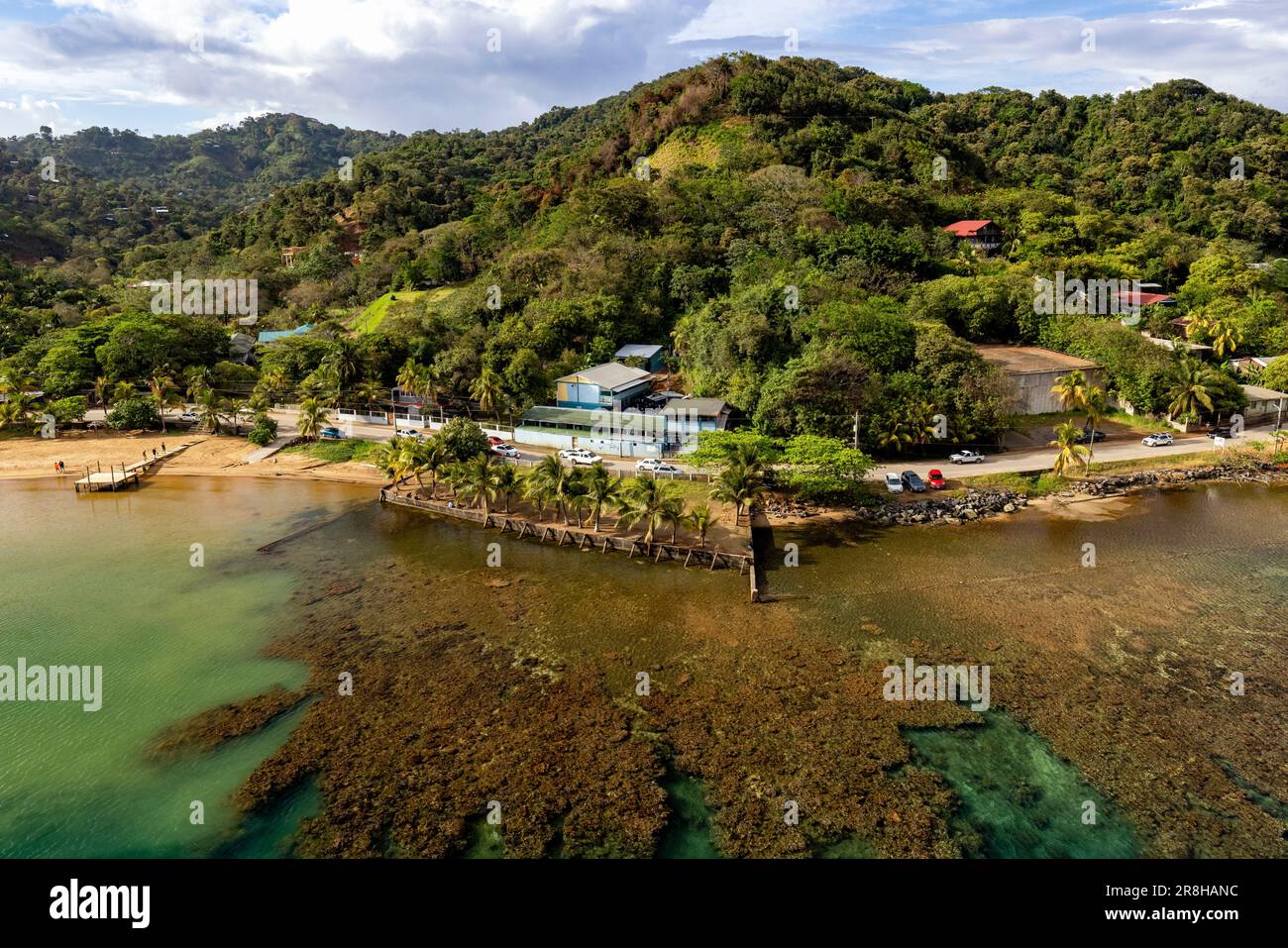 Blick auf die Küste von Roatan vom Hafen von Roatan, Coxen Hole, Roatan, Honduras Stockfoto