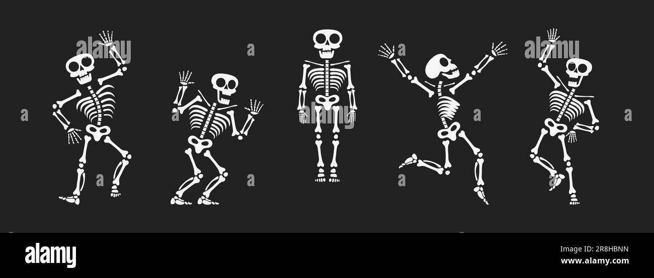 Skelette tanzen mit verschiedenen Positionen flaches Design Vektorbildungs-Set. Lustiger Tanz Halloween oder Day of the Dead Skeletons Sammlung. Stock Vektor