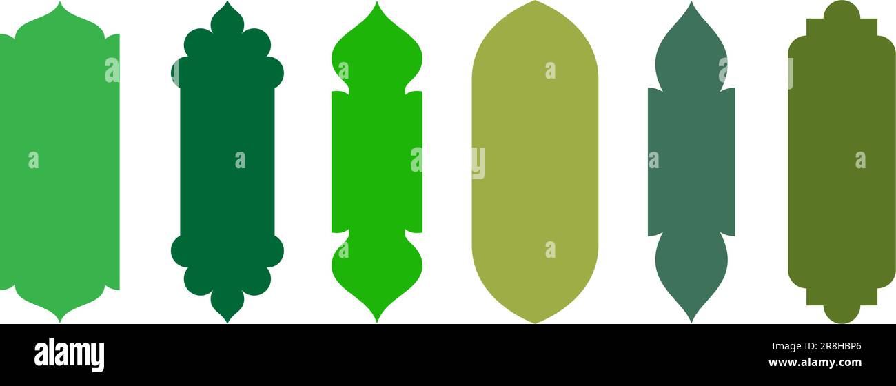 Sammlung islamischer Fensterrahmen mit Illustrationen. In arabischer Architektur gestaltete geometrische Bogentüren bilden Silhouetten. Die Ramadan-Karäm-Moschee hat Ikonen Stock Vektor