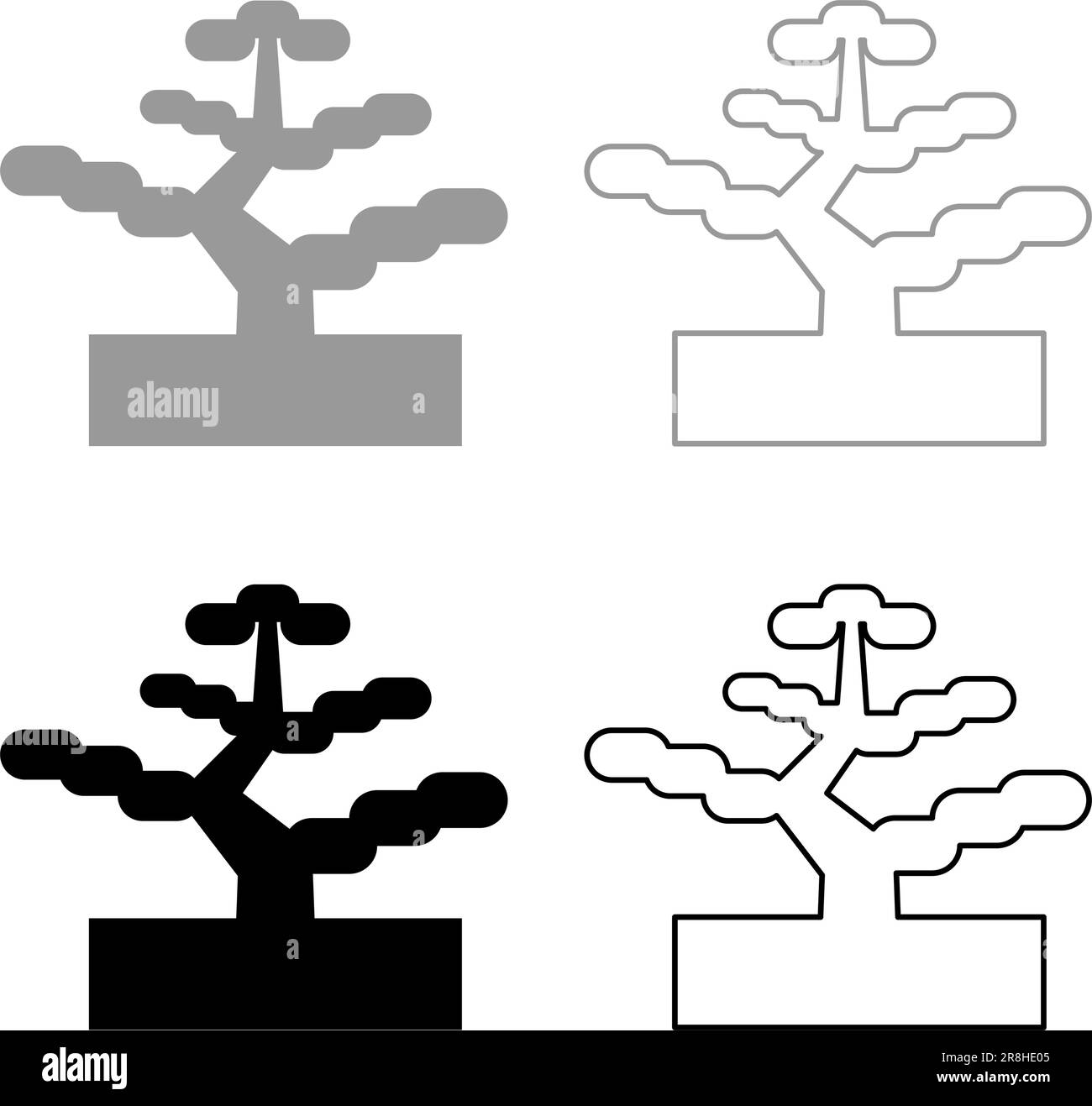 Bonsai Kiefer Garten Konzept Pflanzen Japanisch Set Symbol grau schwarz Vektor Illustration Bild Einfache Füllung Konturlinie dünn flach flach Stock Vektor