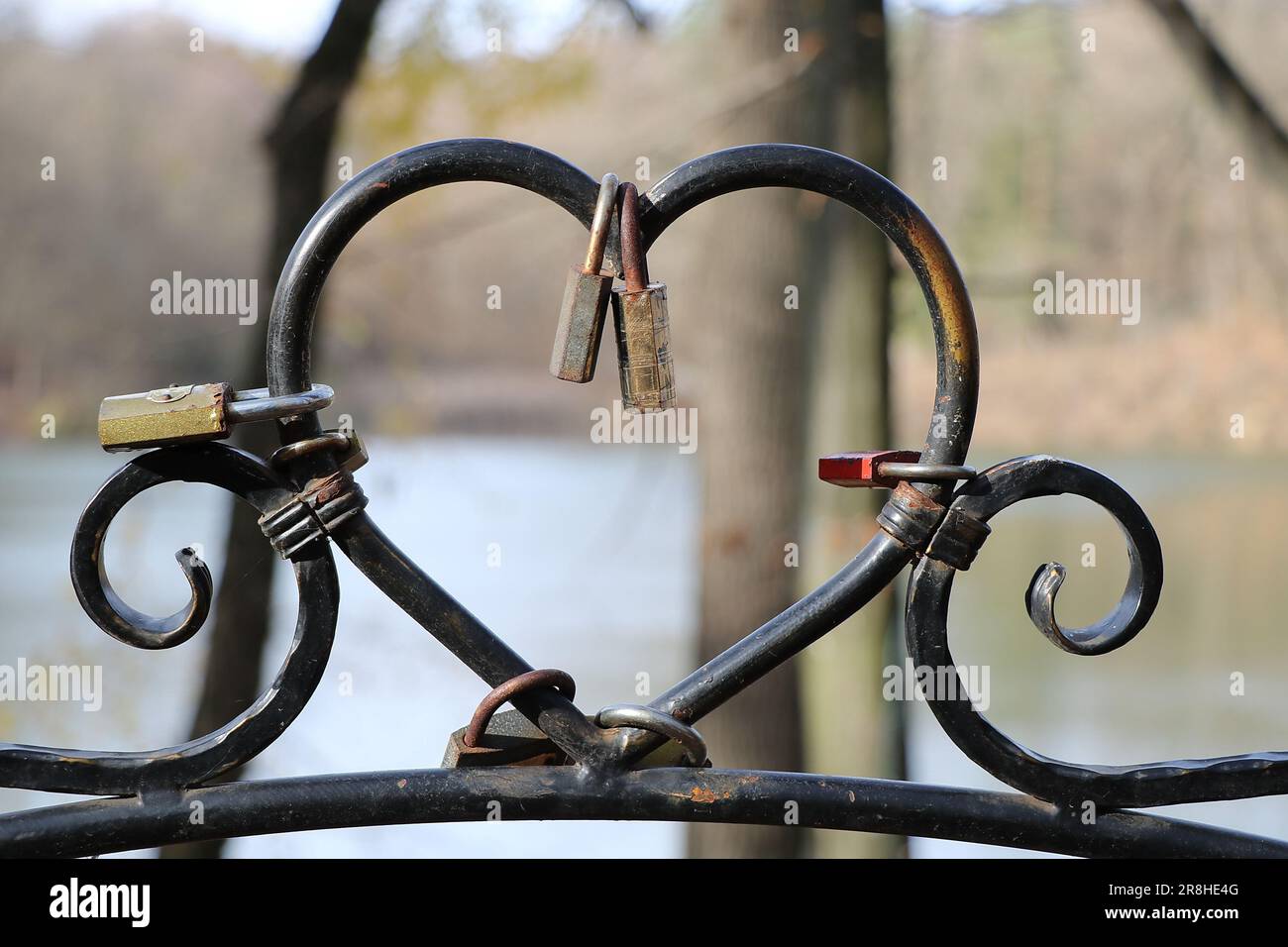 Eine Nahaufnahme von zwei Vorhängeschlössern unterschiedlicher Größe, die ein Metalltor sichern Stockfoto