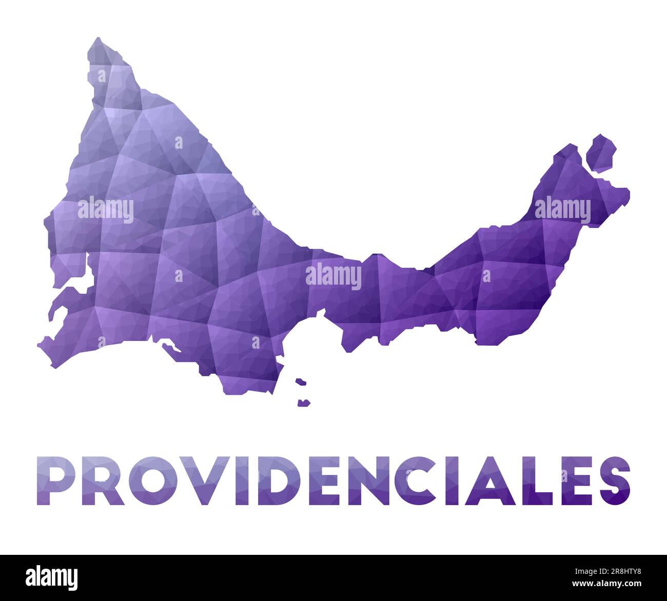 Karte der Providenciales. Niedrige Poly-Darstellung der Insel. Lilafarbenes geometrisches Design. Darstellung des polygonalen Vektors. Stock Vektor
