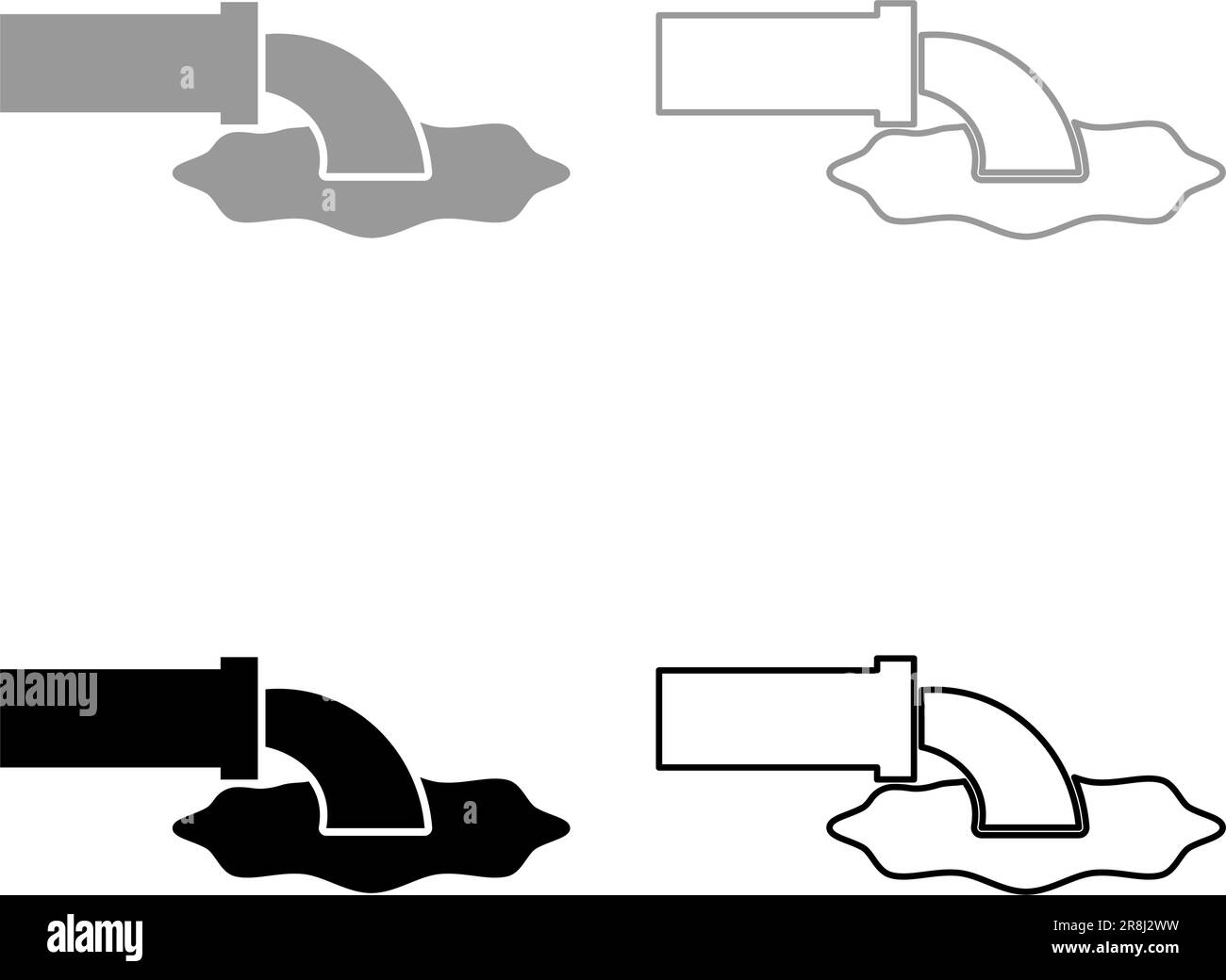 Abwasserflüssigkeit tritt aus dem Rohr mit der Wasserentwässerungsindustrie zum Abwasserkanal aus Konzept Reinigungsset Symbol grau schwarz Vektordarstellung Stock Vektor