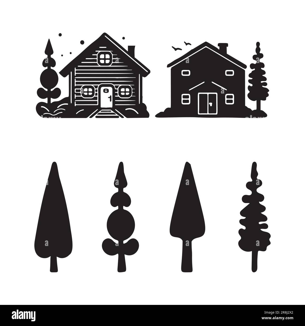 Eine Reihe von Vektordarstellungen für Holzhütten und Tannenbäume. Maskuline Outdoor-Reise im nordischen Linocut-Chalet in skandinavischer Urlaubsgruppe Stock Vektor