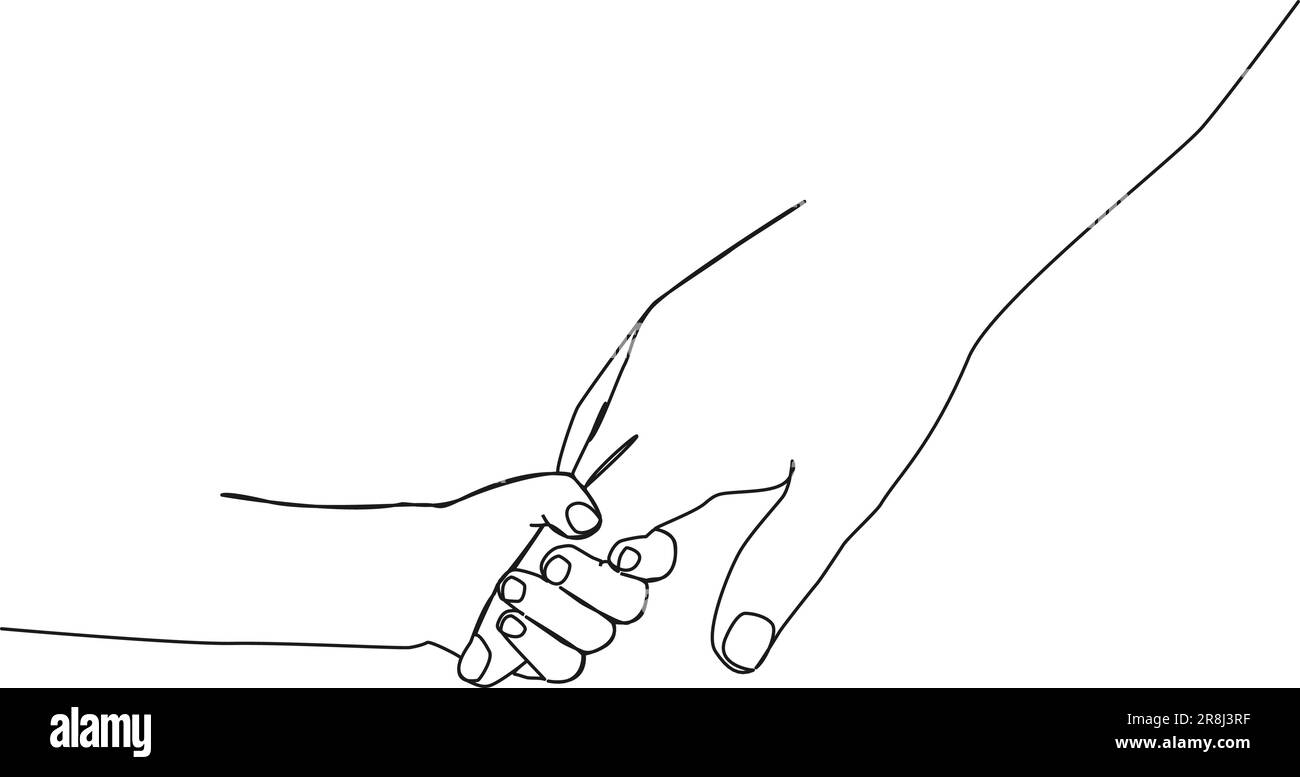 Kontinuierliche einzeilige Zeichnung des Kinderhaltefingers der Hand der Mutter, Strichgrafiken-Vektordarstellung Stock Vektor