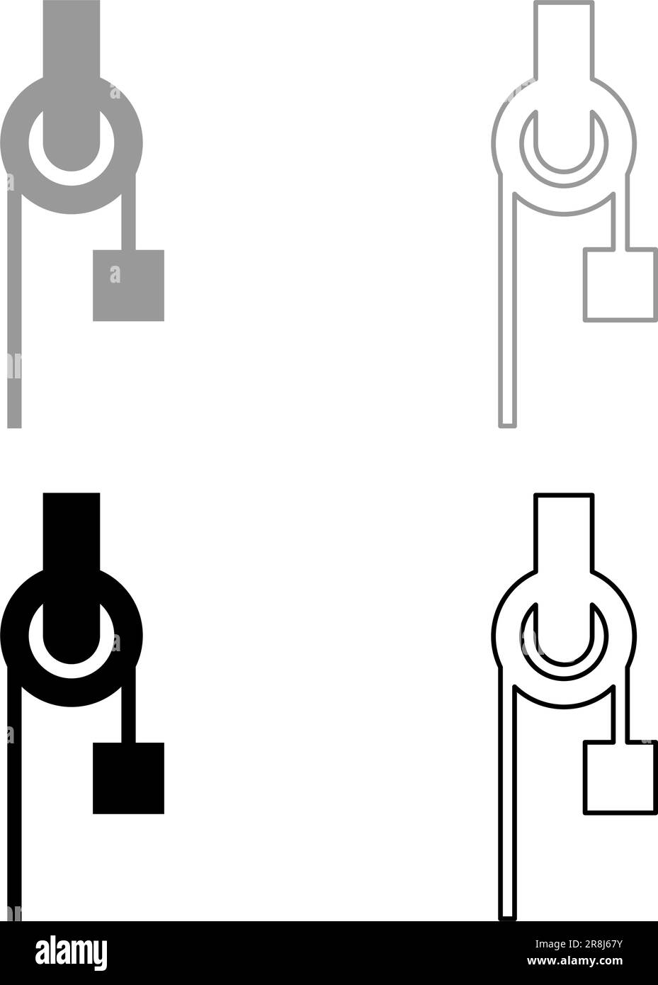 Seilwinde mit Seilrolle Konstruktion Kletterblock Ausstattungsscheibe mit Frachtgewicht Symbol grau schwarz Vektordarstellung Stock Vektor